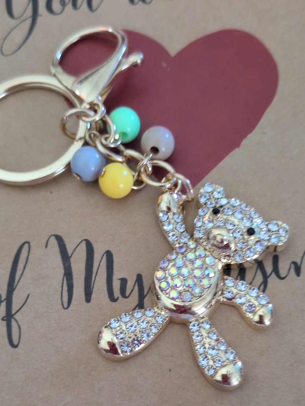 Gold Crystal Teddy Keychain with Pastel Beads - Bag Charm